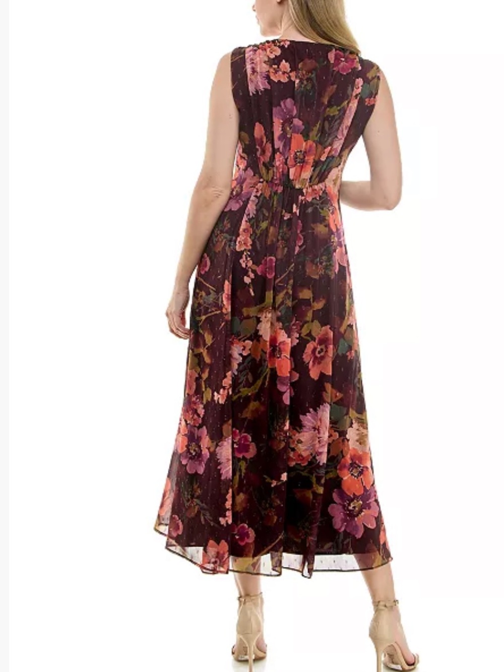 Taylor Chiffon Floral V-Neck Sleeveless Midi Dress in Burgundy/Violet Size 10 - Picture 3 of 9